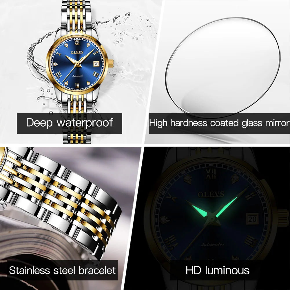 OLEVS 6602 Women Luxury Waterproof Classic Steel Strap Mechanical Watch
