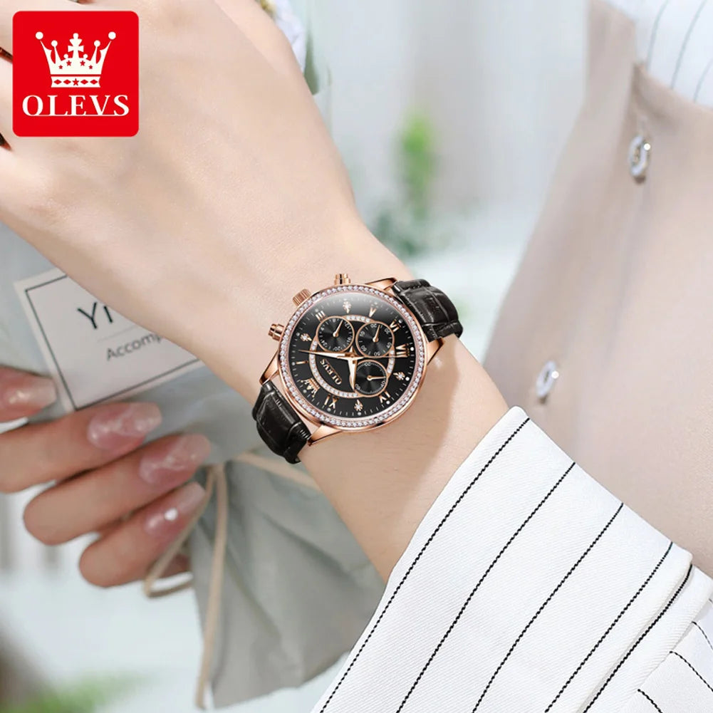 OLEVS 2915 Women's Diamond Bezel Ladies Soft Leather Waterproof Luminous Chronograph