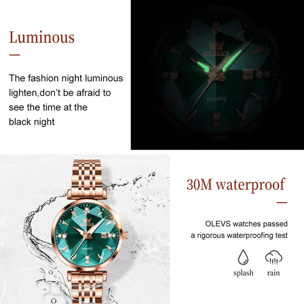 OLEVS 5536 Women's Rhombic shape Mirror Rose Gold Steel Waterproof