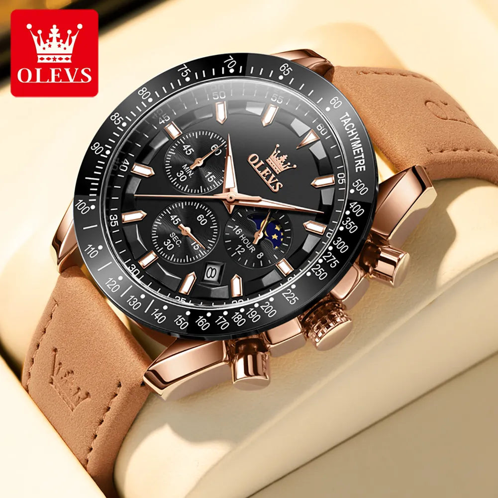 OLEVS 9957 Chronograph Waterproof Leather Wristwatch With Luminous Moon Phase