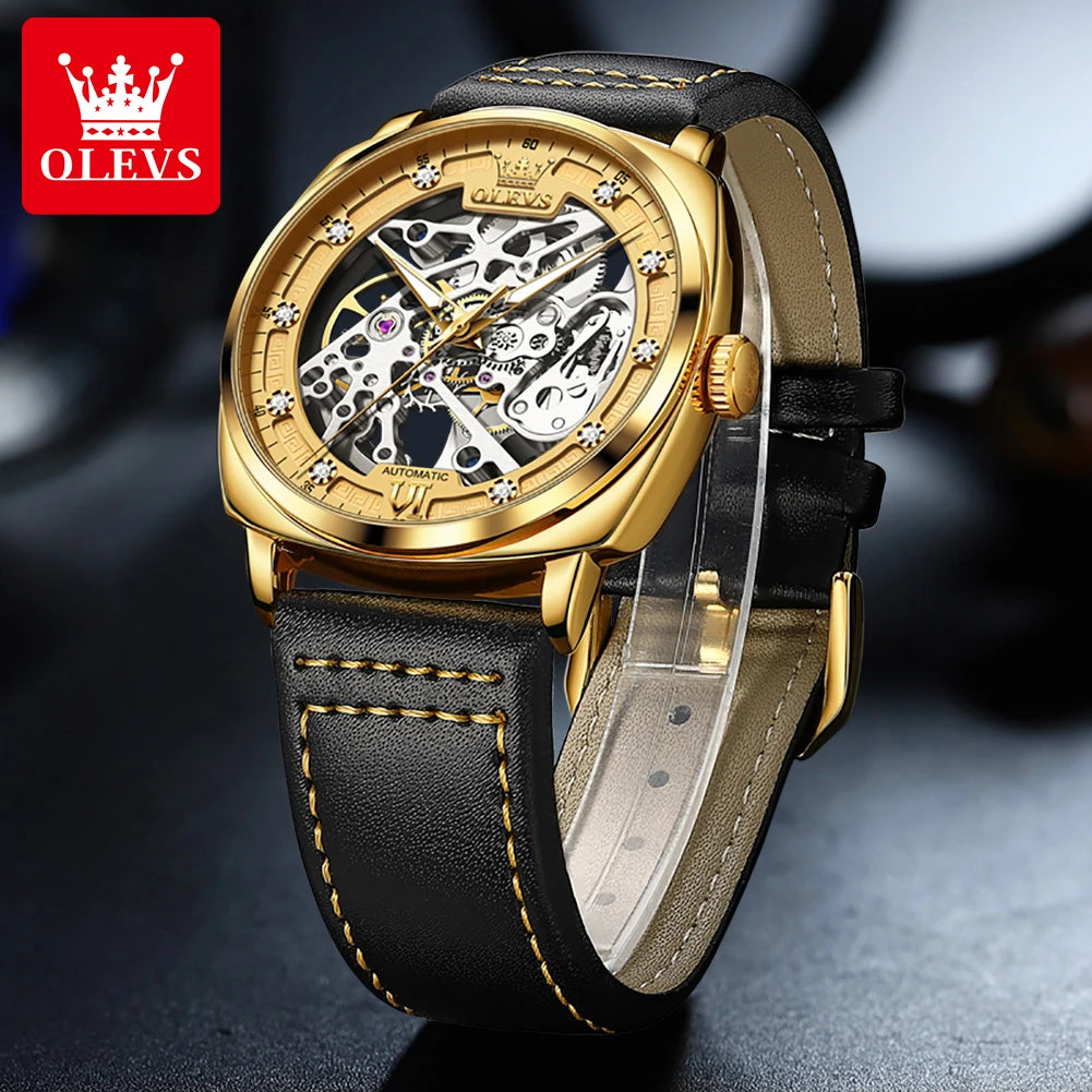 OLEVS 6651 Men's Hollow Mechanical Waterproof Luminous Leather