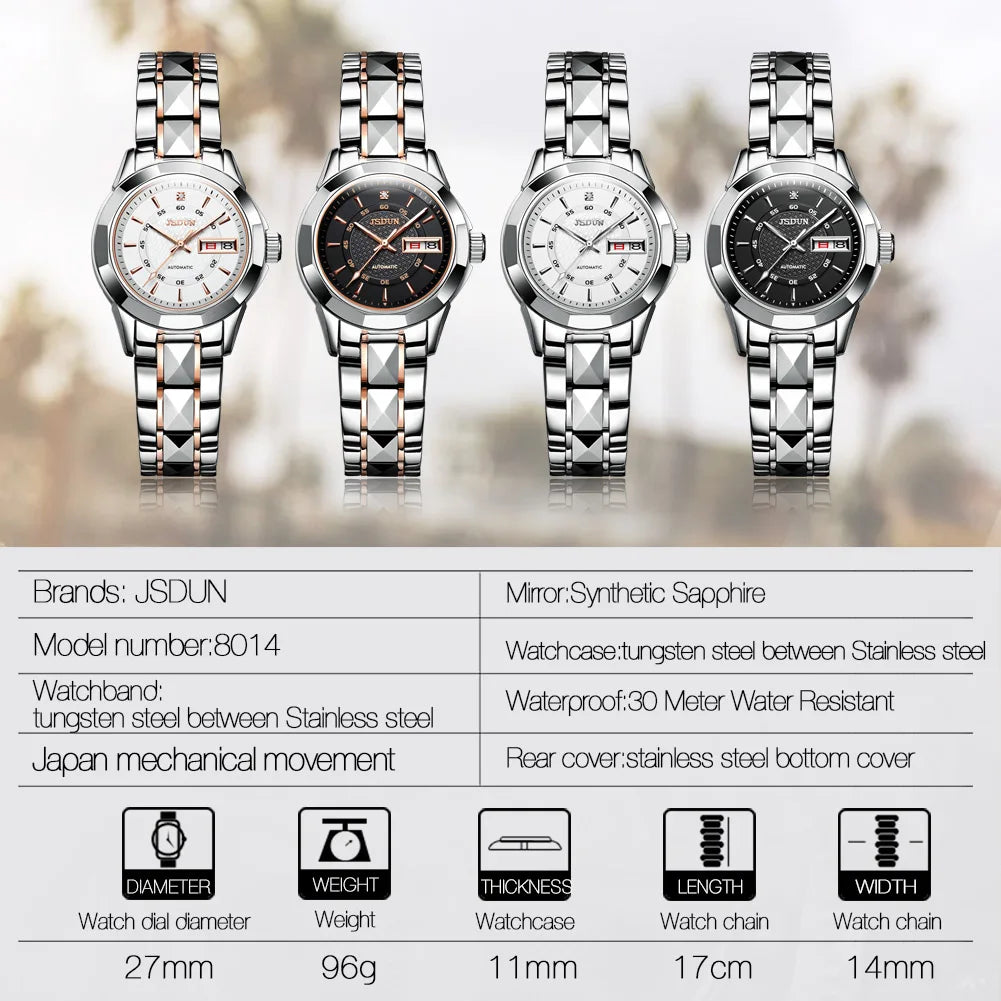 Women's 8014 Waterproof Dual Calendar Mechanical Luminous Tungsten Steel Watch