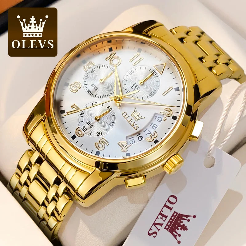 OLEVS 2879 Luxury Men's Gold Chronograph Stainless Steel Luminous Social