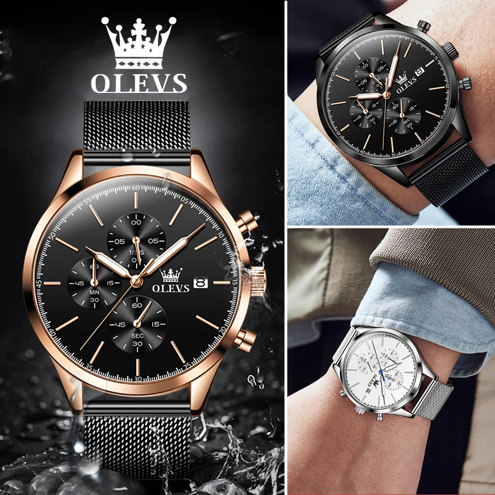 OLEVS Chronograph Men's 42mm Dial Waterproof Stainless Steel Mesh Strap Watch