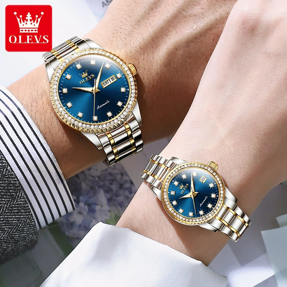 OLEVS 7703cp Couple Luxury Mechanical Waterproof With Diamond Dial Date
