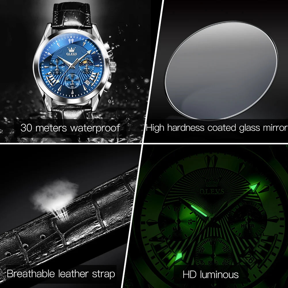 OLEVS Sport Chronograph Quartz Waterproof Leather Strap Luminous dial