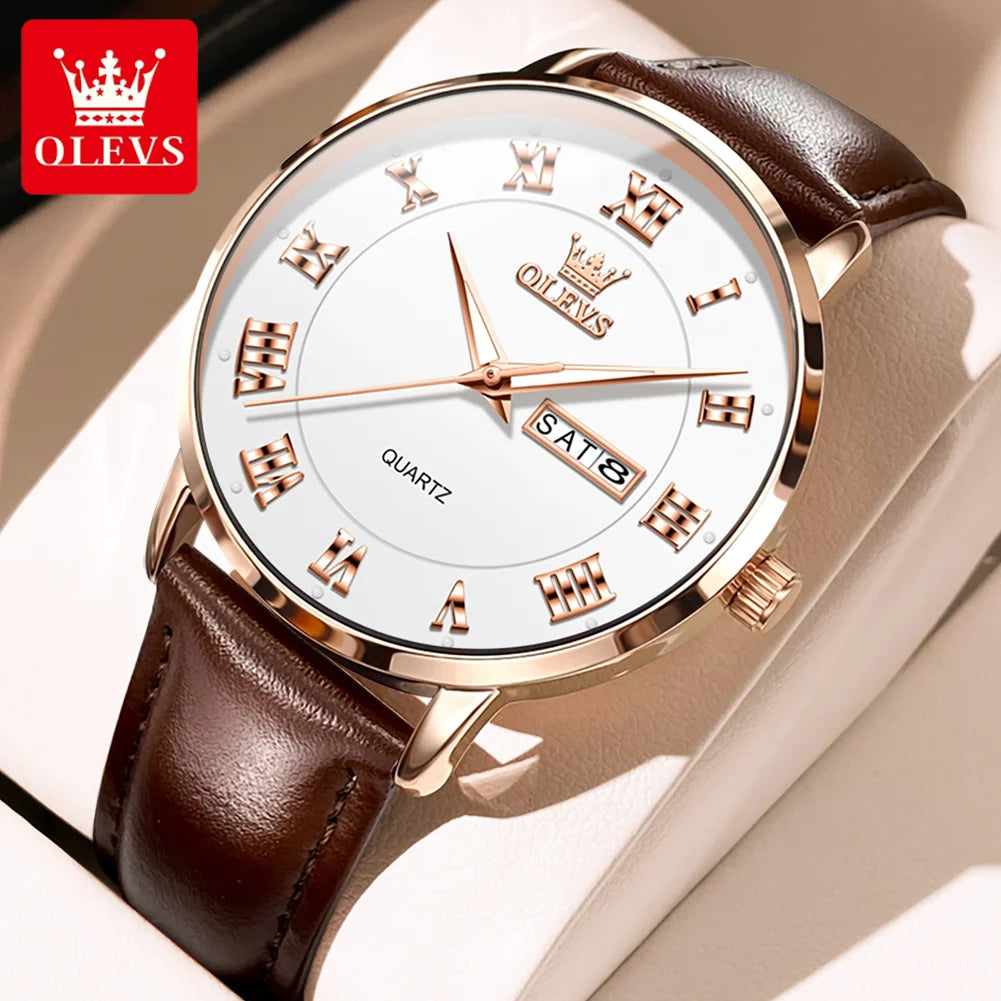 OLEVS Men's Casual Comfortable Leather Strap Waterproof Luminous