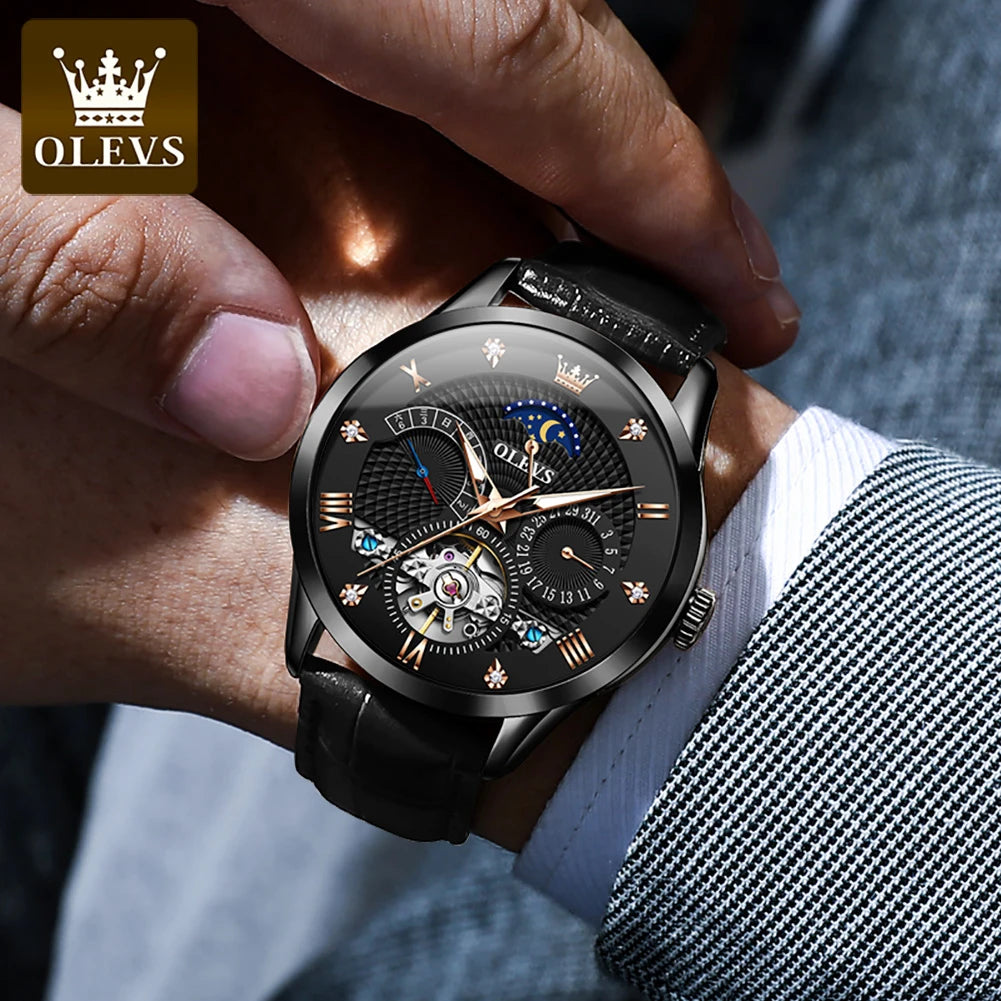 OLEVS 6652 Men's Skeleton Leather Calendar Date Watch