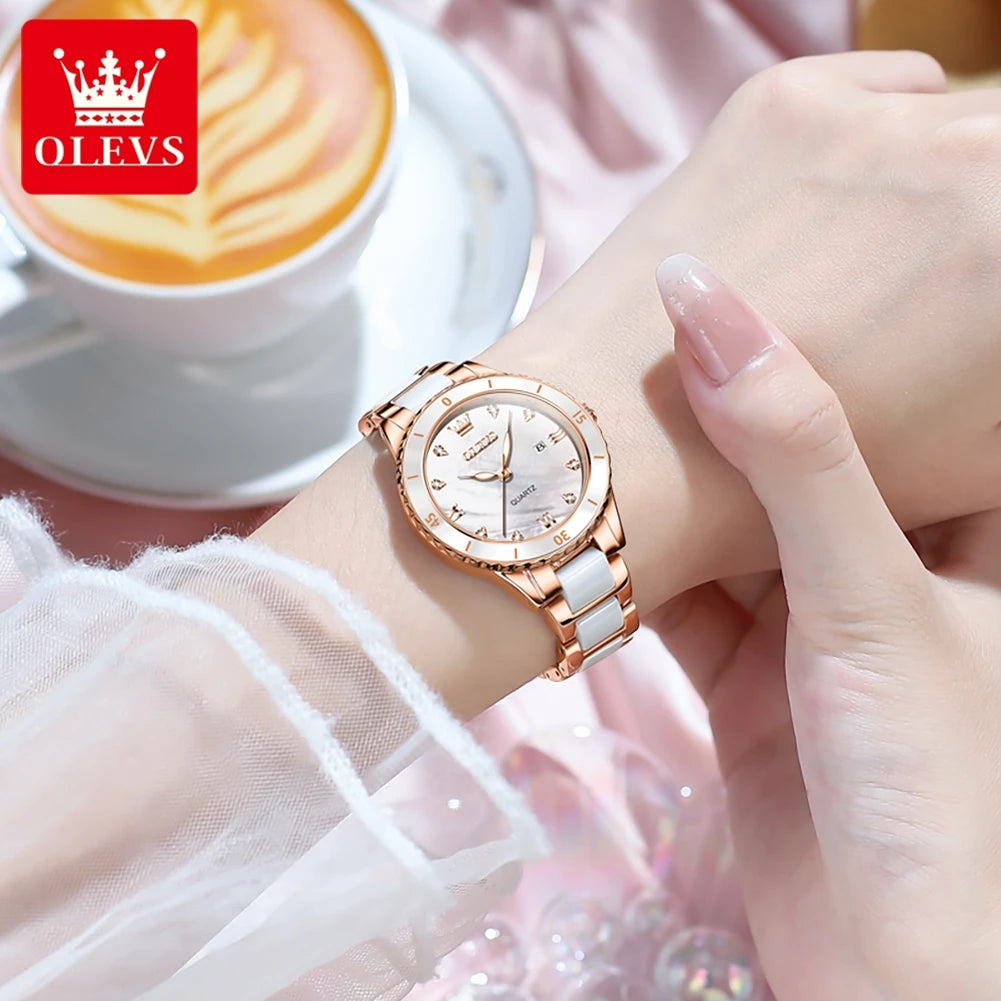OLEVS 9985 Women's Ceramics Quartz Diamond Scale Display Waterproof Luminous Watch