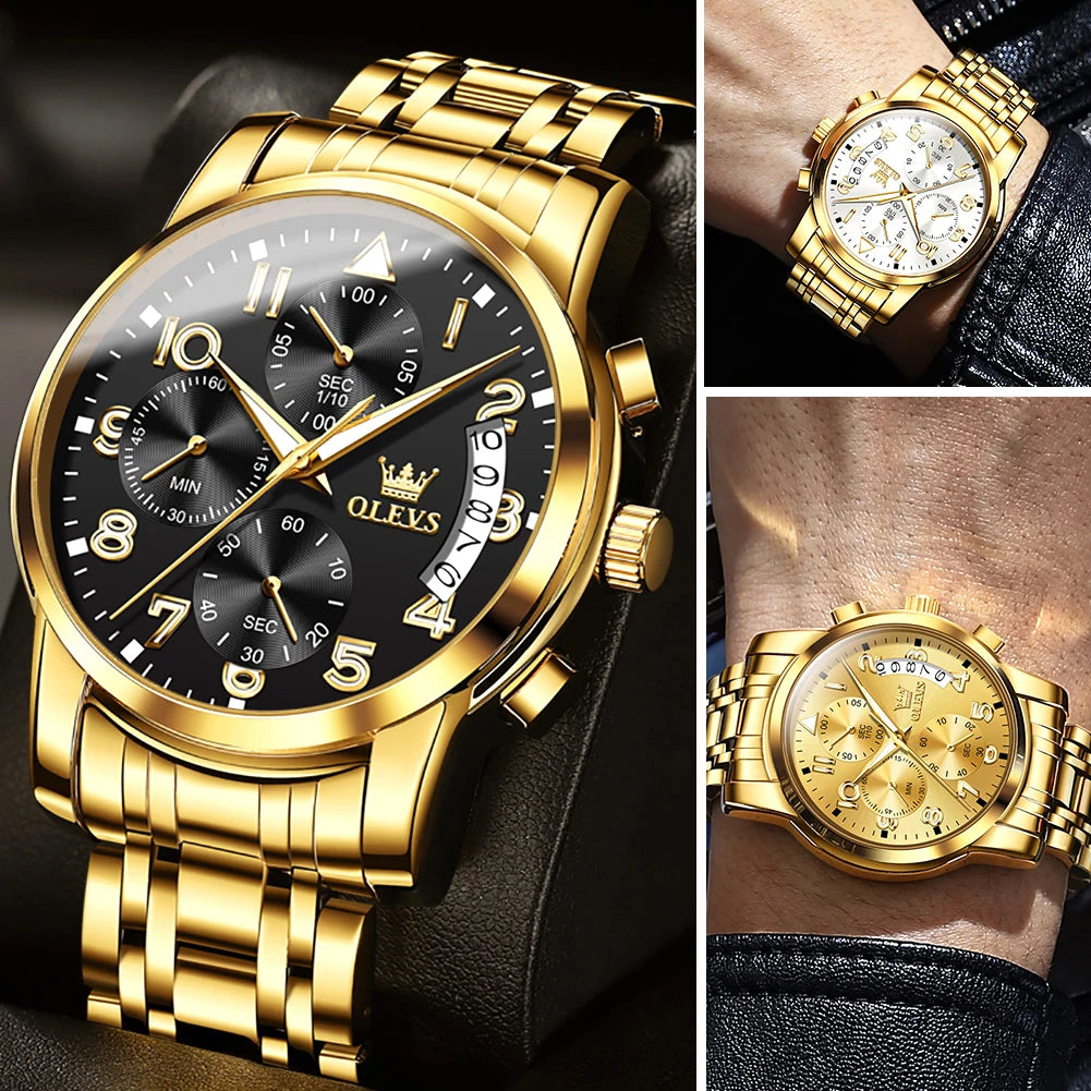 OLEVS 2879 Luxury Men's Gold Chronograph Stainless Steel Luminous Social