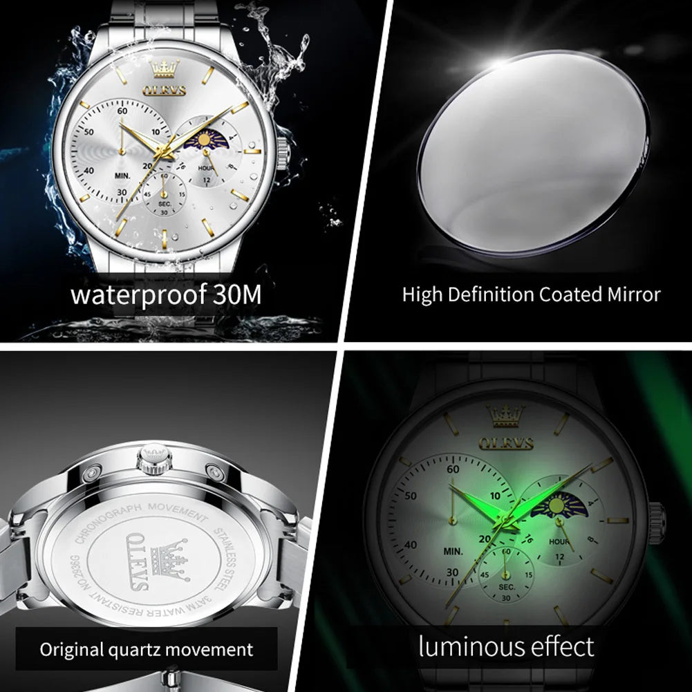 OLEVS Men's Waterproof Stainleess Steel Luminous Moon Phase Chronograph