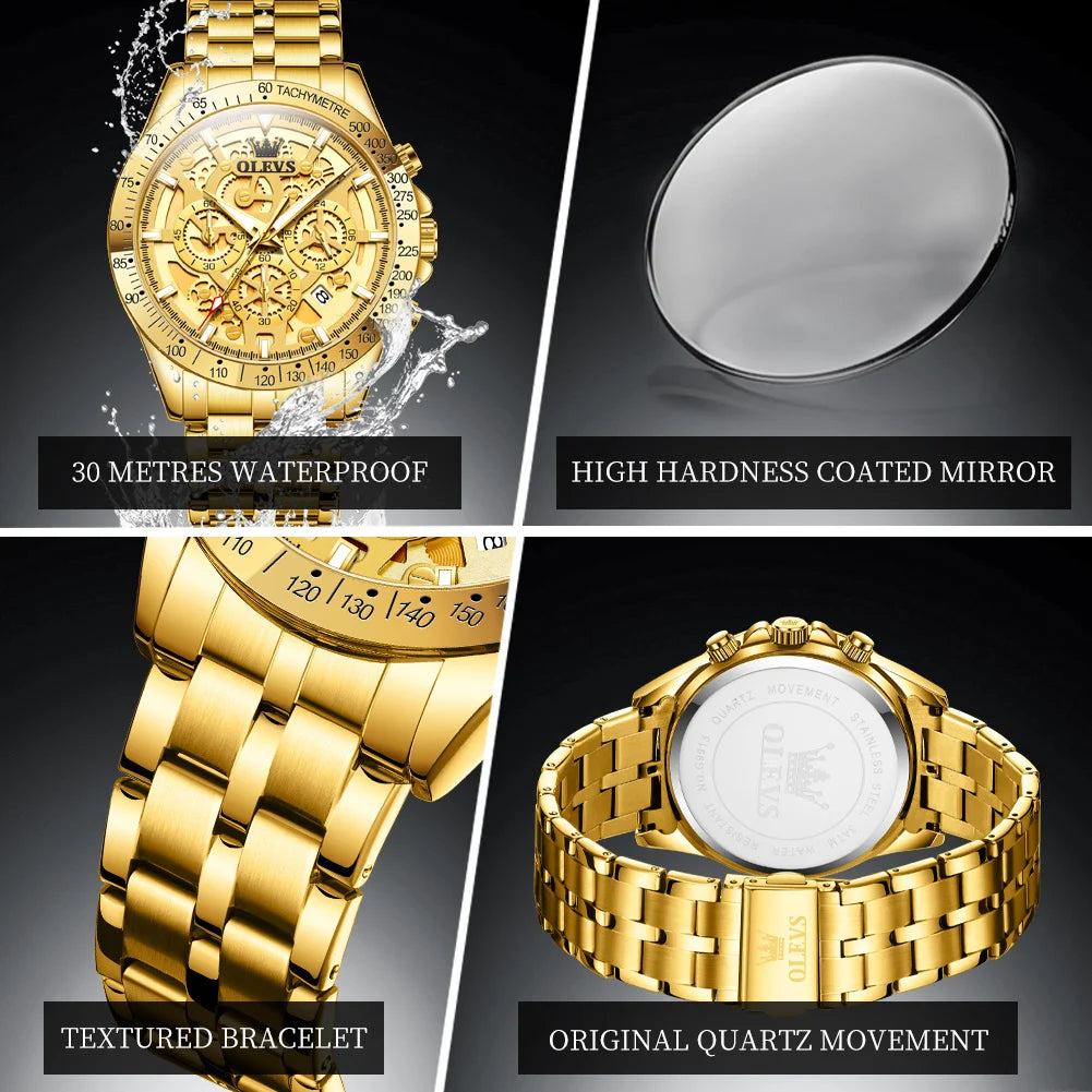OLEVS 9913 Men's Gold Luxury Hollow Out Waterproof Luminous Chronograph Date
