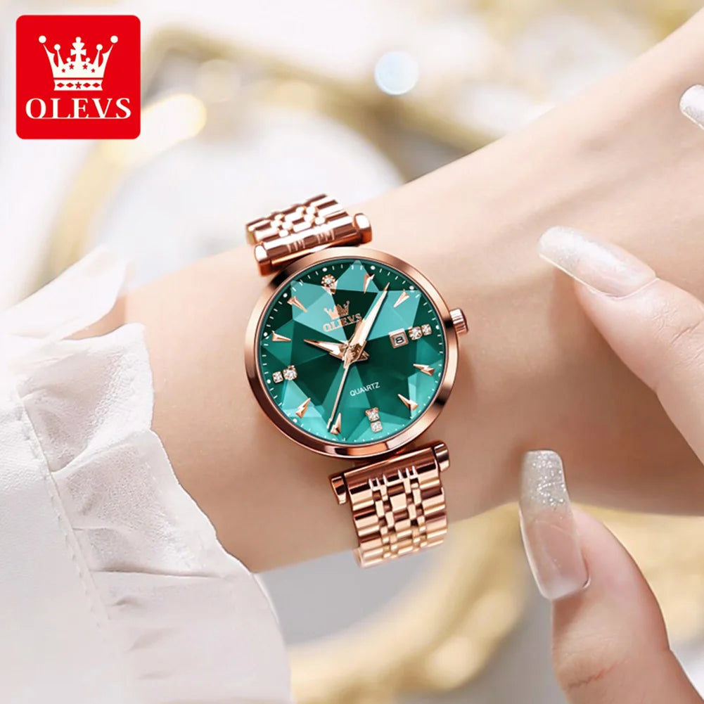 OLEVS 5536 Women's Rhombic shape Mirror Rose Gold Steel Waterproof