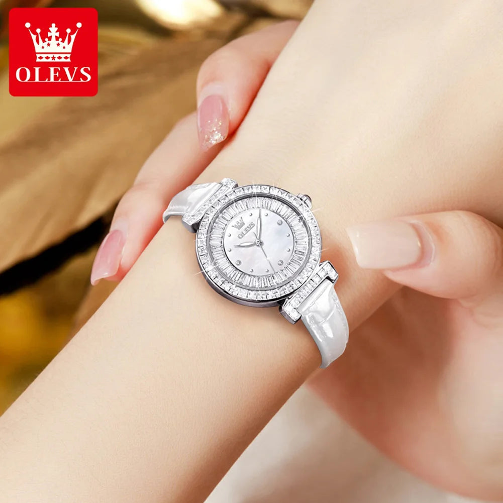 OLEVS 9983 Women's Light luxury Waterproof Leather Luminous Diamond Ring Dial Watch