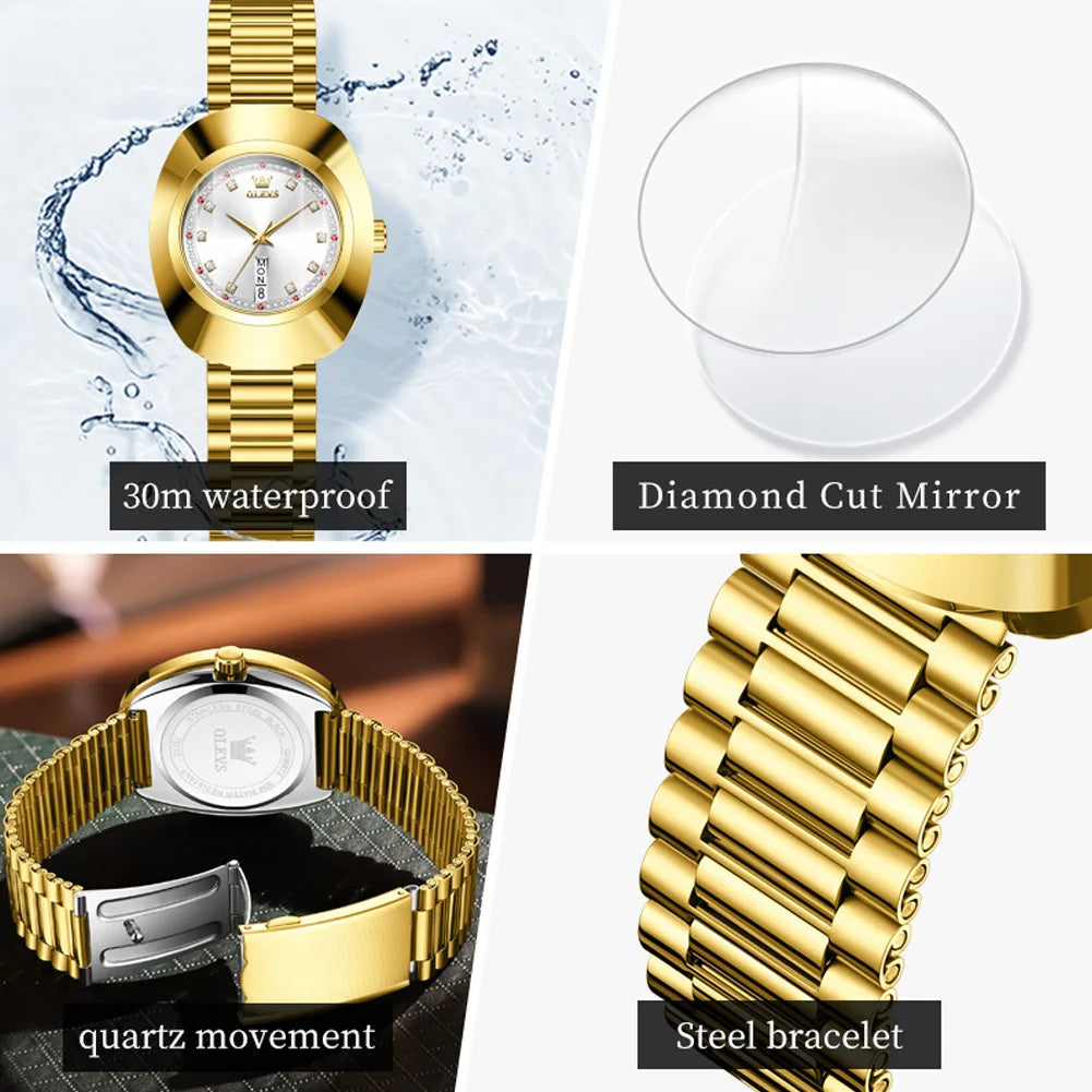 OLEVS 7017 Women's Luxury Gold Large Dial Waterproof Luminous Fashionable Diamond Dial