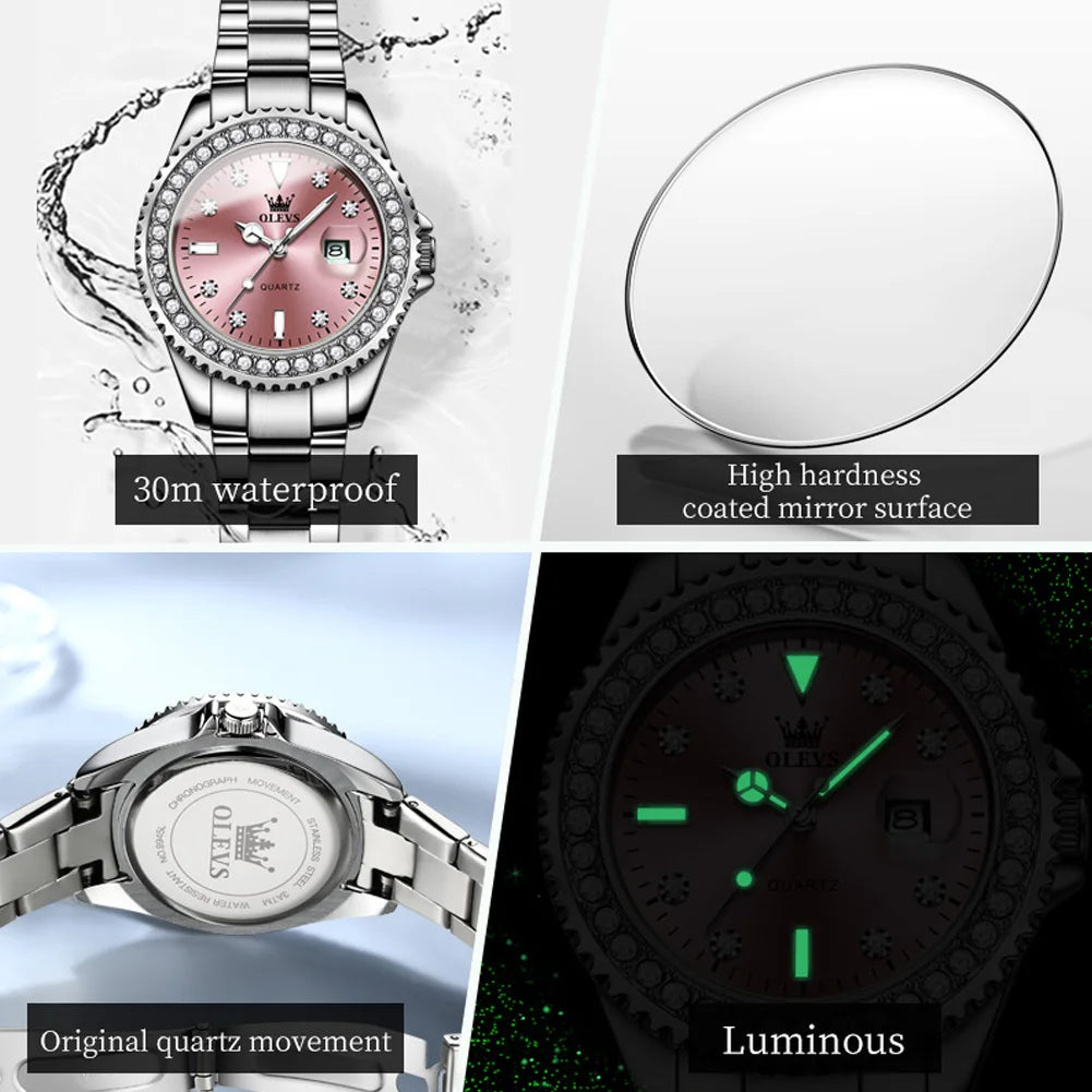 OLEVS 9945 Women's Quartz Ladies Luxury Bezel Diamond Waterproof Enlarge Set