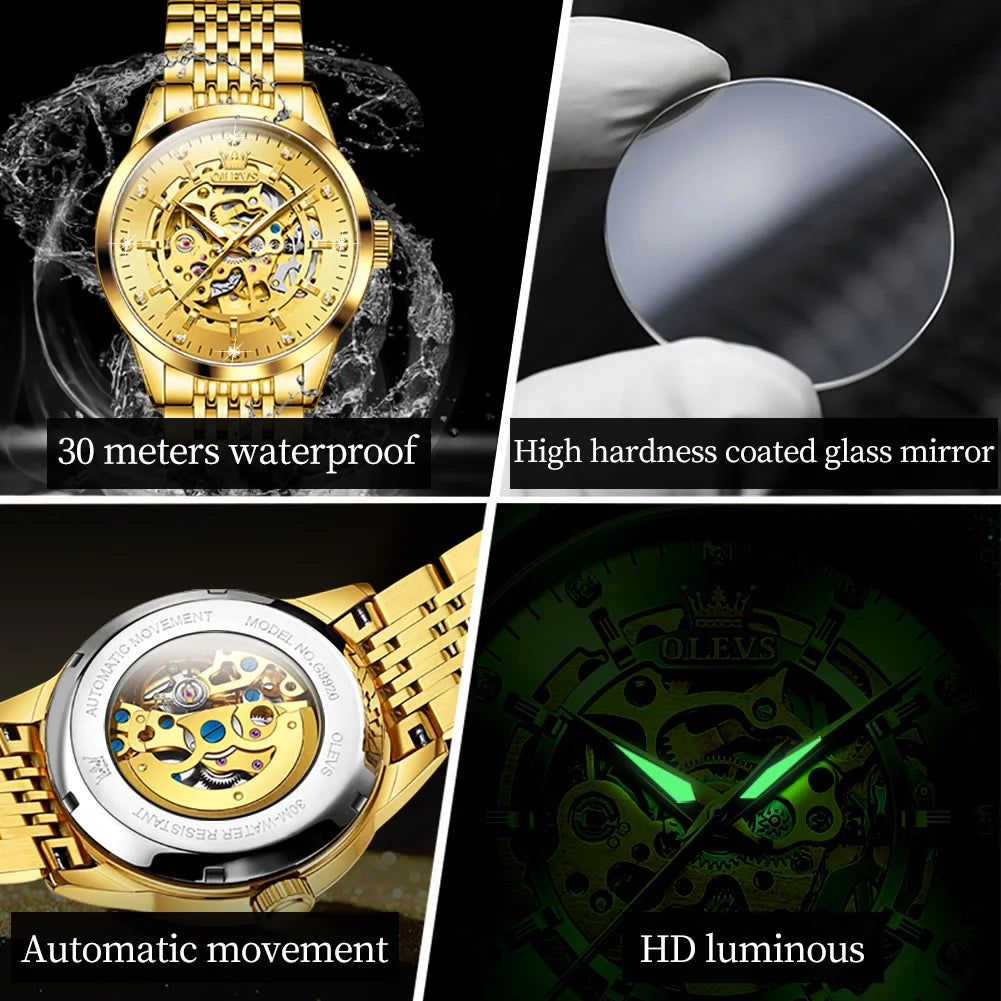 OLEVS 9920 Men's Gold Skeleton Waterproof Stainless Steel Luminous