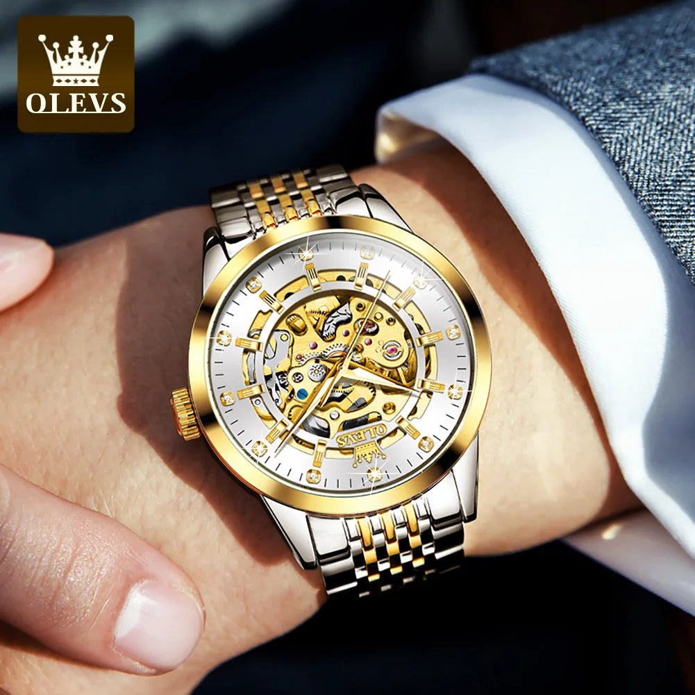 OLEVS 9920 Men's Gold Skeleton Waterproof Stainless Steel Luminous