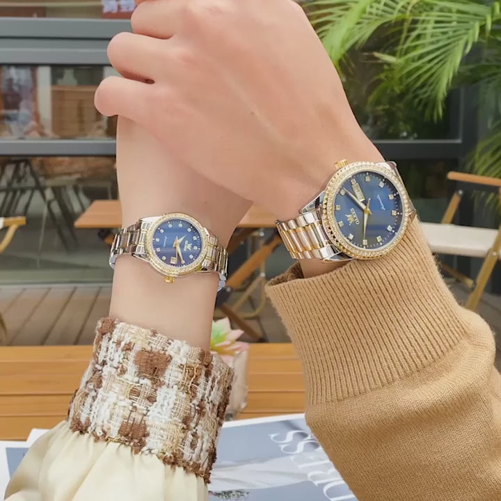 OLEVS 7703cp Couple Luxury Mechanical Waterproof With Diamond Dial Date